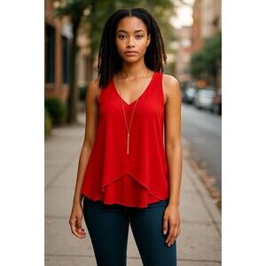 IZ Byer Tank Blouse Flow Red Tulip Necklace Top Size M